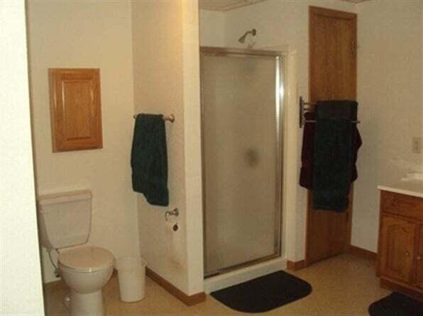 bathroom with toilet, vanity, and a shower with shower door