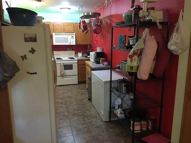 26020 Sharon Ln, Warsaw, MO 65355 - kitchen featuring light countertops, light brown cabinetry, and white appliances