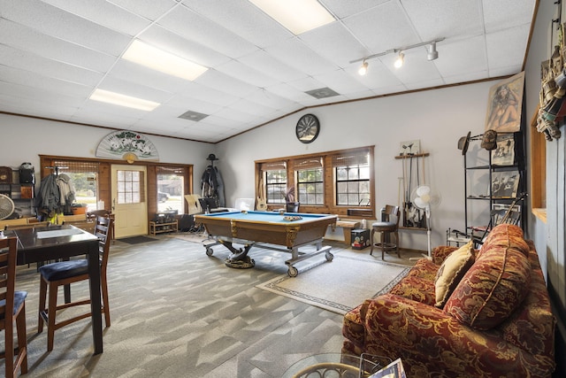 game room featuring track lighting, carpet flooring, a paneled ceiling, and billiards