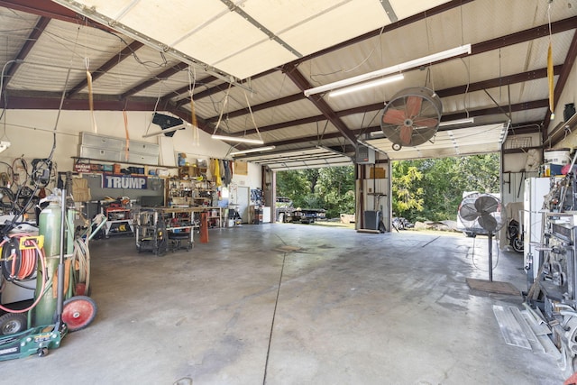 garage with a workshop area