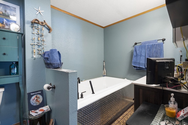 bathroom with crown molding and a bath