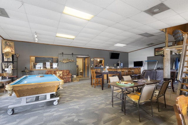 rec room with a drop ceiling, carpet floors, and billiards