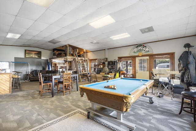 playroom with pool table, a paneled ceiling, and carpet flooring