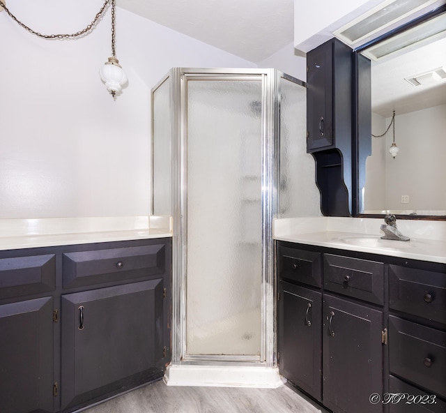 bathroom with a shower stall, visible vents, vanity, and wood finished floors