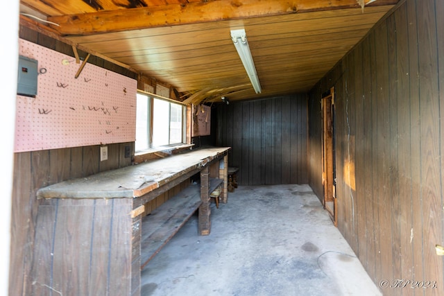 below grade area featuring wood walls and a workshop area
