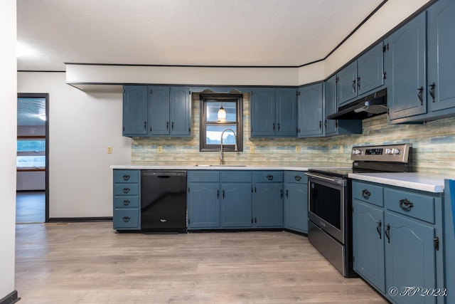 kitchen featuring blue cabinets, a sink, stainless steel electric range oven, black dishwasher, and under cabinet range hood