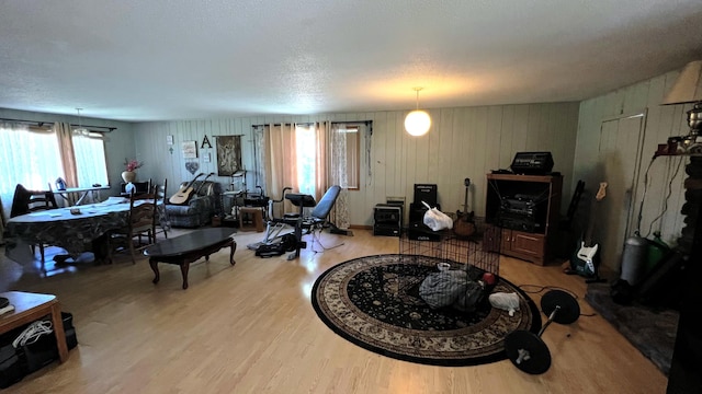 living room with a textured ceiling and light hardwood / wood-style flooring