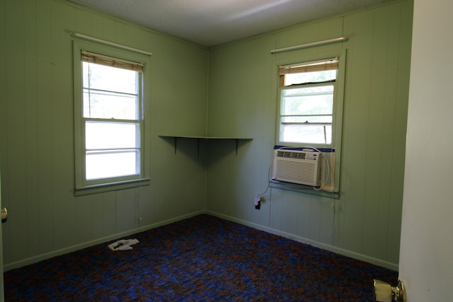 carpeted spare room with a textured ceiling, wood walls, and a healthy amount of sunlight