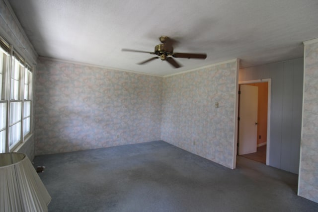 empty room featuring ornamental molding, carpet, and ceiling fan