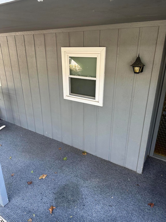 exterior space featuring wood walls and carpet