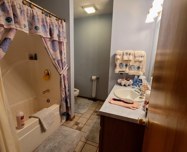 full bathroom featuring shower / bath combination with curtain, toilet, tile patterned flooring, and vanity