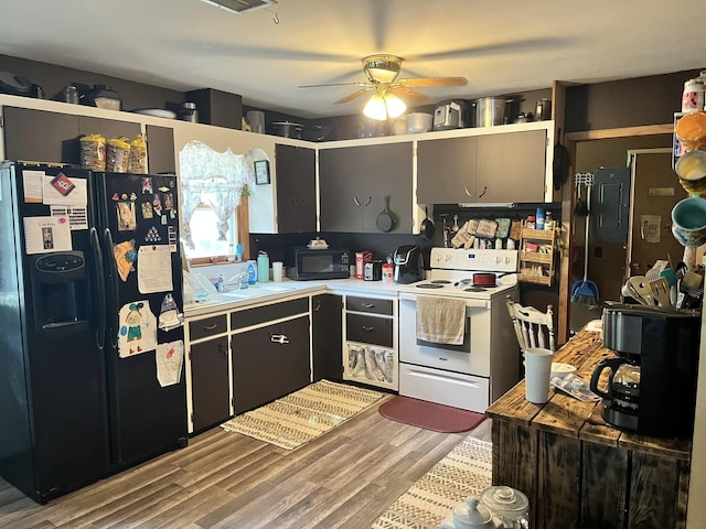 kitchen featuring sink, black appliances, light hardwood / wood-style flooring, and ceiling fan