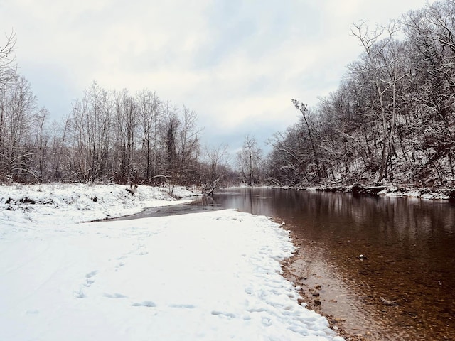 yard covered in snow with a water view