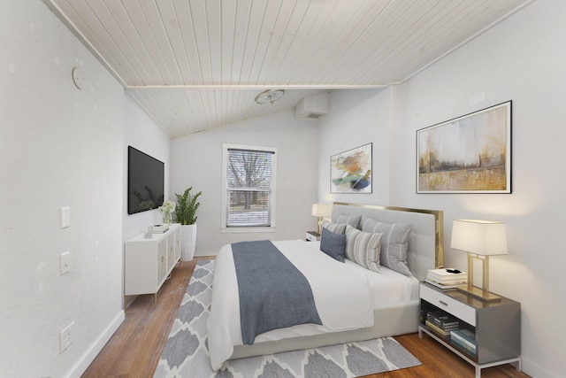 bedroom with wood-type flooring, lofted ceiling, and wooden ceiling