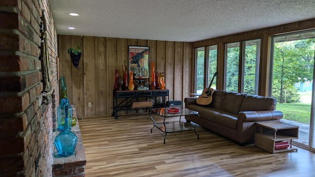 living room featuring a healthy amount of sunlight, light hardwood / wood-style floors, and a textured ceiling