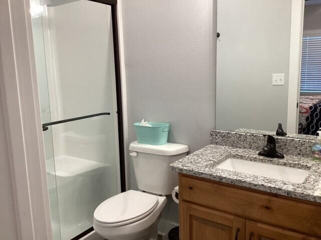 bathroom with vanity, toilet, and an enclosed shower