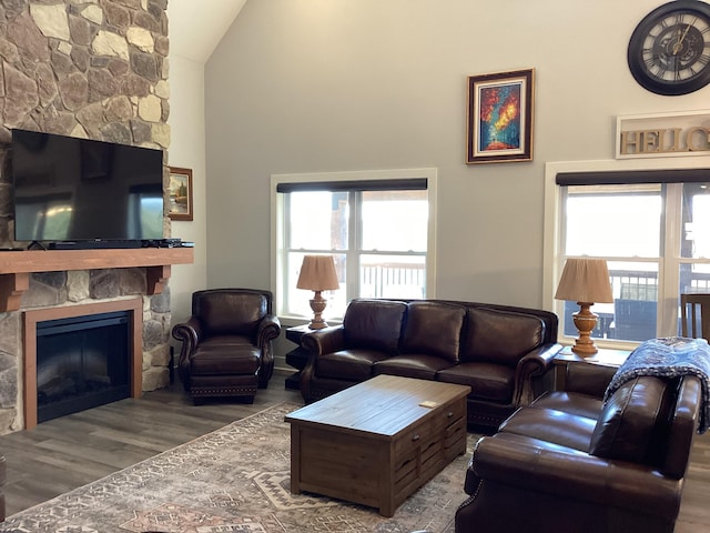 living room with lofted ceiling, a fireplace, and hardwood / wood-style floors