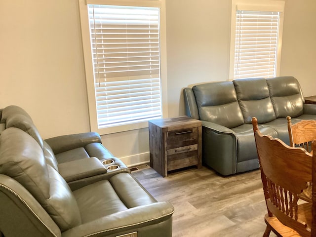 living room with light wood-type flooring and plenty of natural light