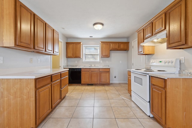 kitchen featuring light tile patterned floors, black dishwasher, sink, and white electric stove