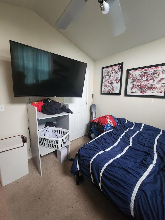 bedroom with lofted ceiling and carpet floors