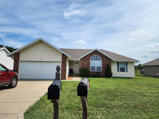 1213 Woodland, Monett, MO 65708 - ranch-style home with a shingled roof, concrete driveway, brick siding, a front yard, and a garage