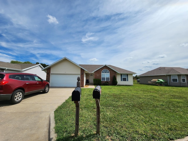 single story home featuring a front lawn and a garage