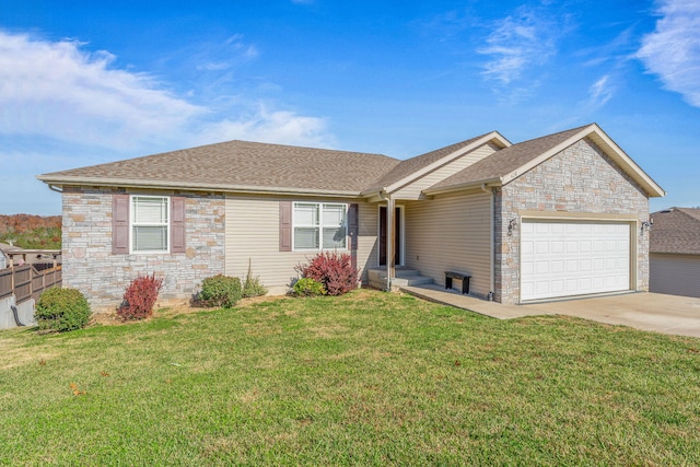 single story home with a front yard and a garage