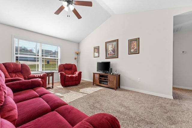 carpeted living room with vaulted ceiling and ceiling fan