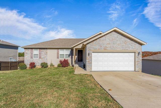 ranch-style house with a front yard and a garage