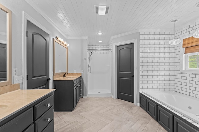 bathroom featuring parquet floors, crown molding, separate shower and tub, and vanity