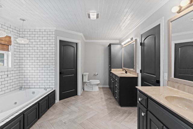 full bathroom featuring independent shower and bath, ornamental molding, vanity, and toilet