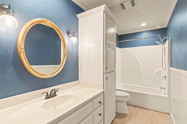 full bathroom featuring vanity, ornamental molding, tub / shower combination, tile patterned floors, and toilet