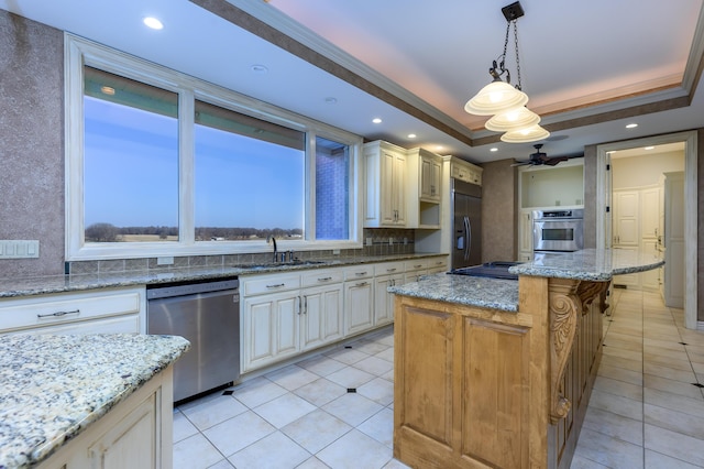 20478 Lawrence Unit 2180, Aurora, MO 65605 - kitchen with a sink, light tile patterned floors, ceiling fan, a tray ceiling, and appliances with stainless steel finishes