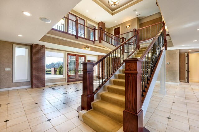 20478 Lawrence Unit 2180, Aurora, MO 65605 - stairs featuring baseboards, french doors, tile patterned flooring, and recessed lighting