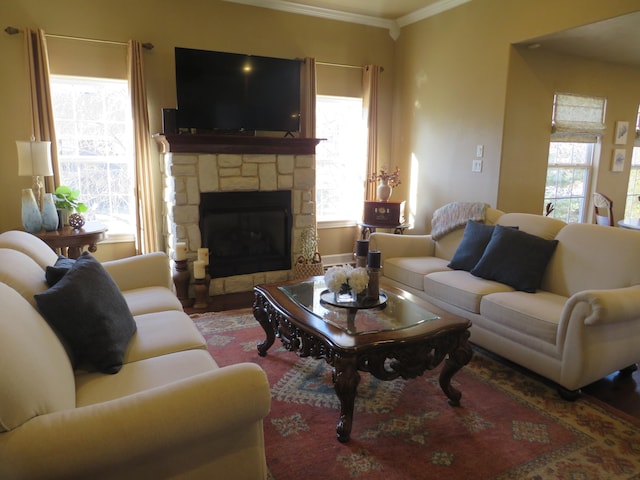 living room with crown molding and a fireplace