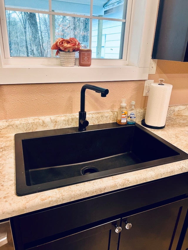 room details featuring dark cabinets, light countertops, and a sink