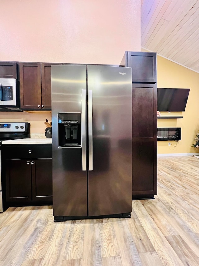 kitchen with light wood-type flooring, lofted ceiling, electric range, and stainless steel fridge with ice dispenser