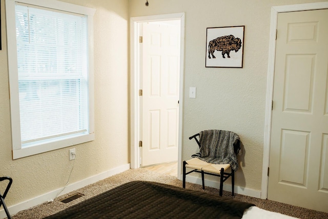 bedroom featuring baseboards, visible vents, and a textured wall