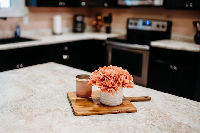 room details with light countertops and stainless steel electric range oven