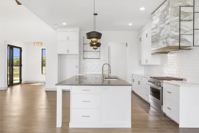 kitchen with white cabinetry, sink, and high end stainless steel range oven