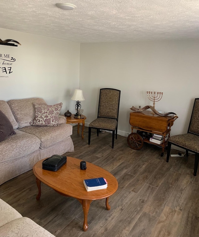 living room with wood-type flooring and a textured ceiling