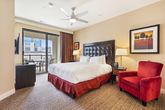 carpeted bedroom featuring access to outside and ceiling fan