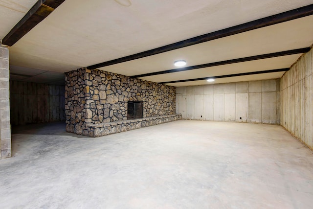 basement with a fireplace