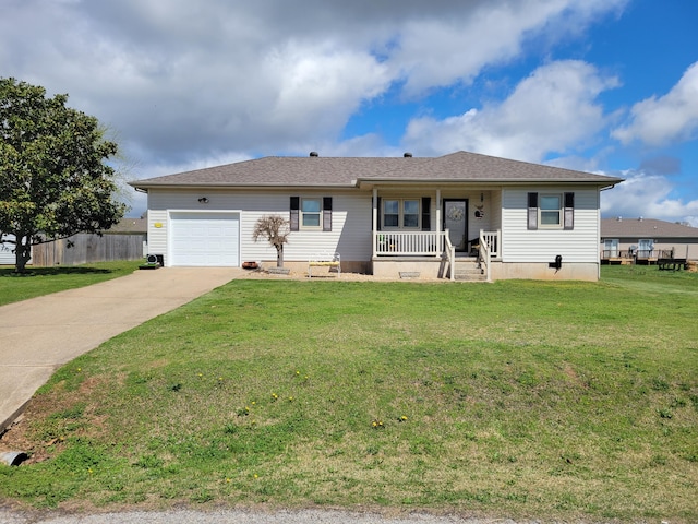 ranch-style home featuring concrete driveway, covered porch, fence, an attached garage, and a front yard