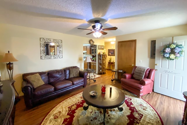 living room with a ceiling fan, wood finished floors, and a textured ceiling
