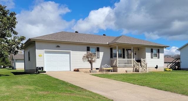 view of front of property with a garage, concrete driveway, a front lawn, and covered porch