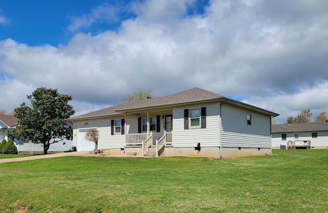 single story home featuring a front lawn, concrete driveway, crawl space, covered porch, and a garage
