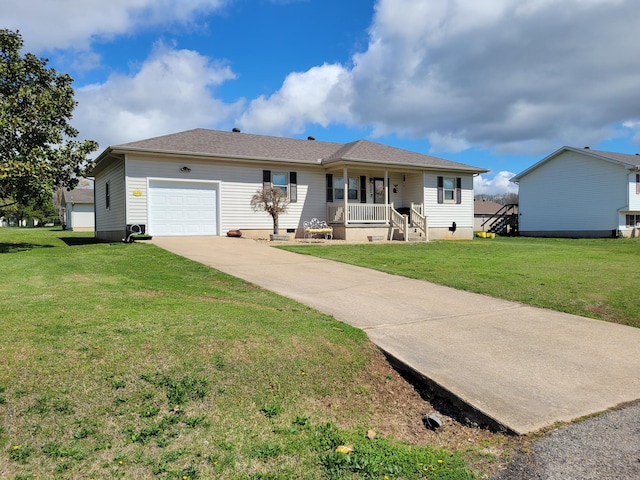 single story home featuring an attached garage, driveway, a front lawn, and covered porch