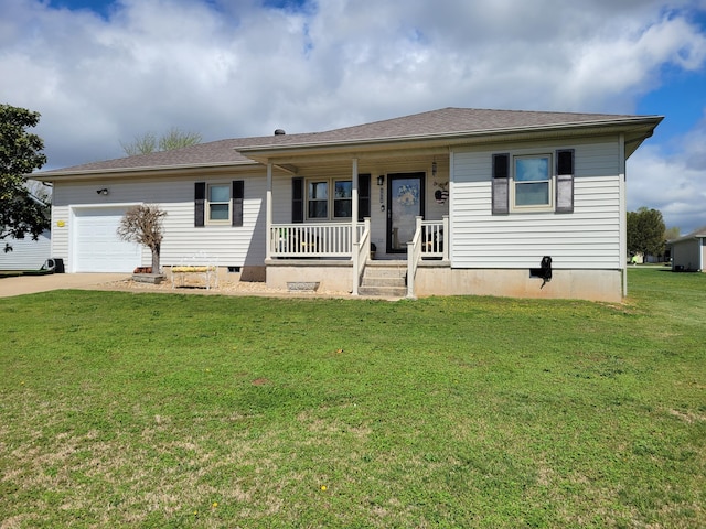 ranch-style house featuring a front lawn, concrete driveway, covered porch, a garage, and crawl space