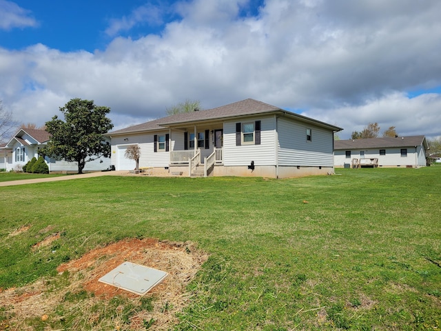 view of front facade featuring concrete driveway, an attached garage, a front yard, and covered porch